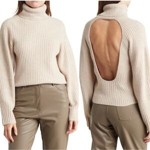 NWT VINCE 100% Cashmere Ribbed Turtleneck Open Back Oatmeal Heather Sweater